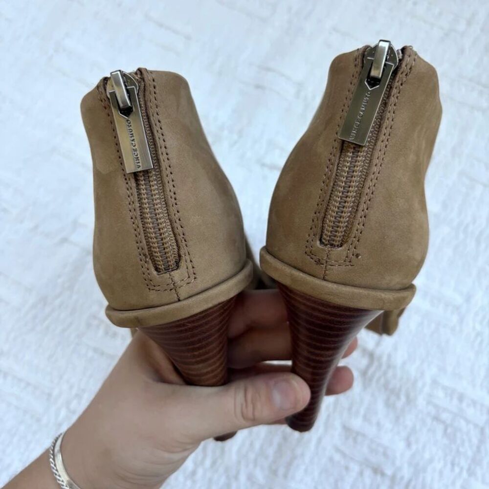Vince Camuto Taupe Suede Peep Toe Heeled Ankle Booties Fall Winter - Picture 7 of 8